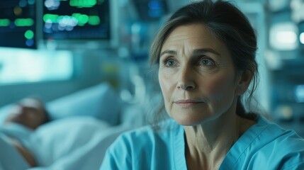 Fototapeta premium A middle-aged nurse in scrubs shows compassion while caring for her patient in a hospital room