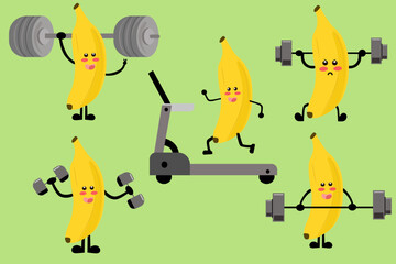Sporty fruits set. Cartoon banana doing yoga, running and lifting weight in gym. Flat vector illustrations for healthy food, wellness, lifestyle concept