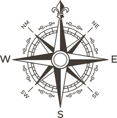Compass rose with fleur de lis symbol pointing north, showing the four cardinal directions and intercardinal directions over white background, ideal for travel and navigation concepts © Tartila