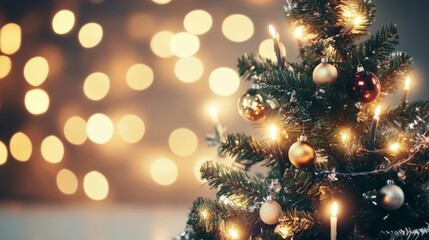Snowy town with a glowing Christmas tree in the center people holding candles