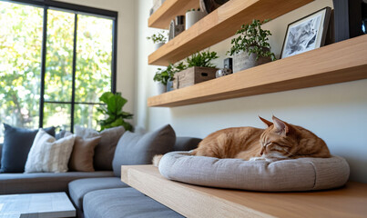 Naklejka na ściany i meble Modern Living Room with Cat Bed and Shelves