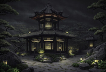 Obraz premium Ancient Grotto in a Chinese Garden at Night