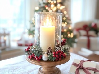 Traditional Christmas candle holder with greenery berries