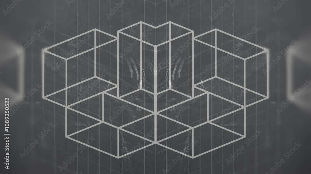Leinwandbilder Minimalist style symmetrical digital seamless loop animation with white flat geometric shapes transformed on a dark scratched surface. Orthogonal projection. Optical illusion. 3d rendering 4K