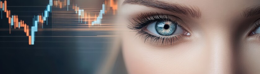 Obraz premium Intriguing gaze, exploring the interplay of vision and data analysis in a striking closeup eye image with chart background