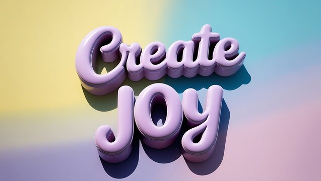 3D rendered pastel purple text "Create Joy" on a blurred pastel background.