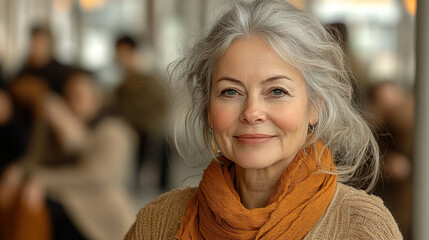 Obraz premium Older woman with grey hair and warm smile poses at a busy indoor location during daylight hours. Generative AI
