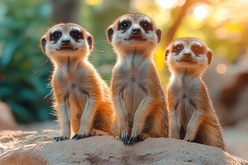 Fototapeta premium A stunning close-up of a meerkat showcasing its curious gaze and intricate fur details. Perfect for wall art, prints, or unique merchandise that celebrates nature’s charm.