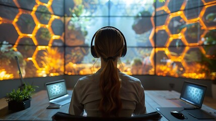 A high-tech virtual collaboration space with robotic telepresence devices and bioluminescent communication tools promoting remote work 