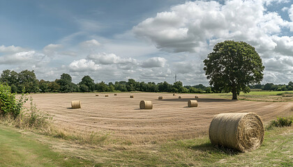 Serene summer landscape featuring a harvested field with round hay bales, a majestic tree, and a partly cloudy sky.