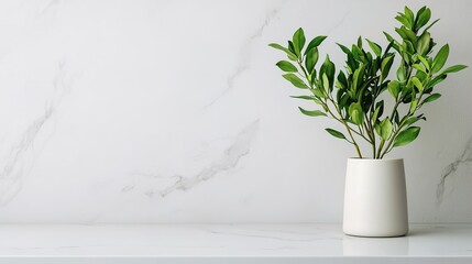Natural cleaning supplies displayed on a white countertop with green plants modern kitchen environment minimalist viewpoint