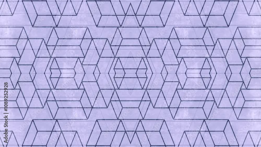 Aufkleber Dynamic seamless loop animation with transforming dark rectangular objects that rotate to form a complex symmetrical pattern on a light purple background. Flat design. 3d rendering 4K