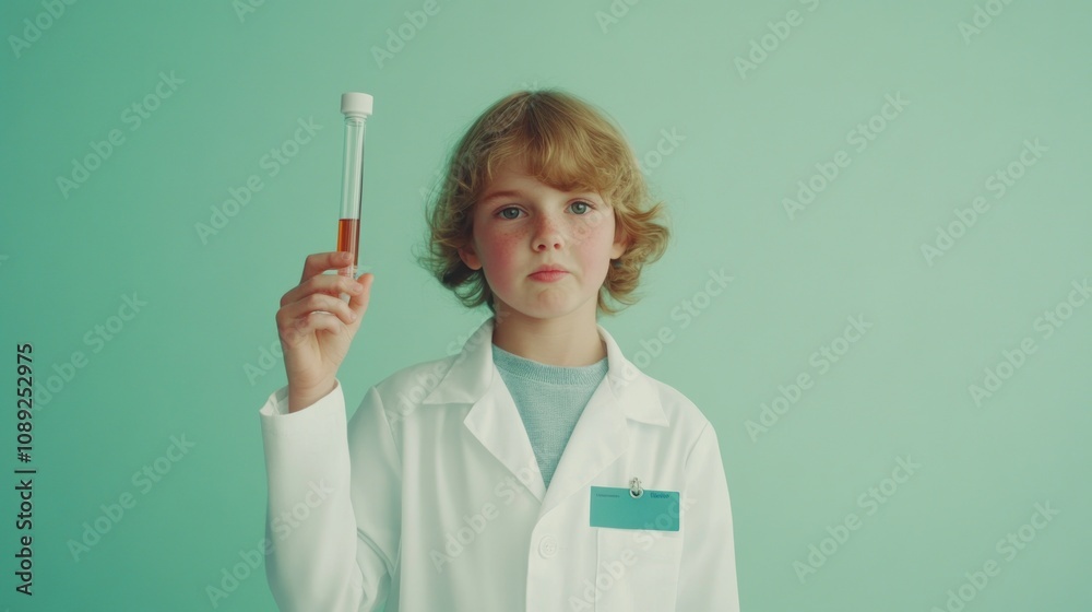 Poster A child in a lab coat holds a test tube, symbolizing curiosity and science.