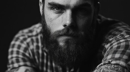 Bearded man with tattoos showcasing intense gaze in close-up black and white portrait, highlighting rugged features and stylish plaid shirt.