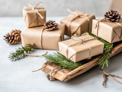 Wooden sled with wrapped presents and pine branches snow-covered setting