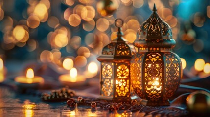 Close-up concept of Islamic New Year with traditional elements like a crescent moon, lantern, and decorative patterns.

