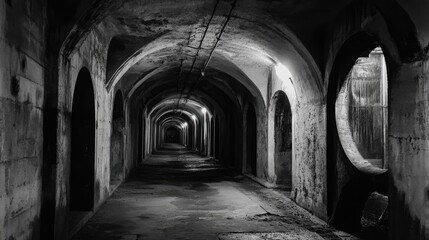 Obraz premium Intricate underground concrete corridor illuminated by dim lights, revealing arched architectural details and an air of mystery.