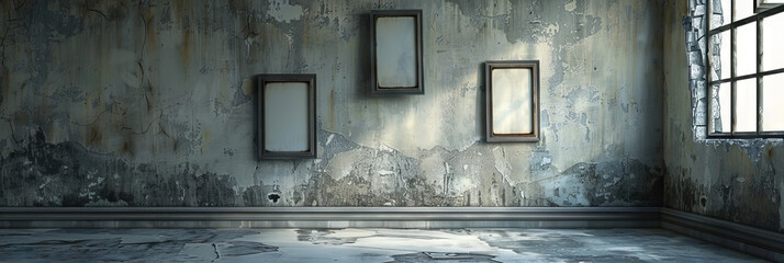 Empty photo frames hang on a bare, peeling wall, silent testaments to a life once full.