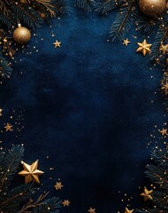 A dark blue background adorned with gold stars, ornaments, and evergreen branches, perfect for festive decorations or holiday greetings.