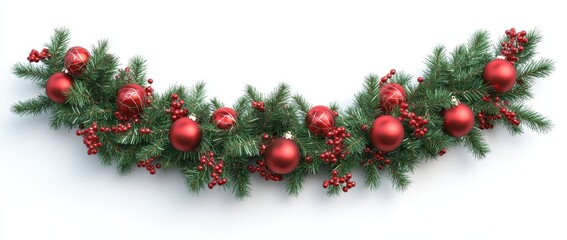 A festive holiday garland featuring green foliage adorned with shiny red ornaments and berries, perfect for Christmas decorations.