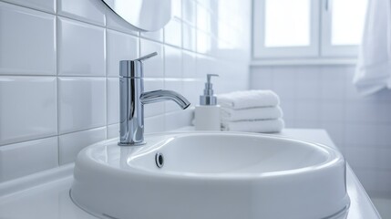 Fototapeta premium Tidy bathroom with clean white sink and faucet, folded towels nearby, and ample natural light coming through a window. Minimalist and fresh atmosphere.