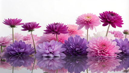 Obraz premium A beautiful display of purple and pink flowers reflecting on a smooth surface, creating a serene and vibrant floral arrangement.