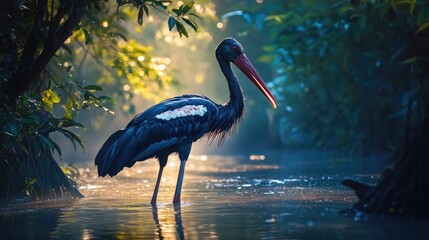 Asian openbill stork gracefully wading through shallow lagoon waters, surrounded by lush greenery and bathed in soft morning light. © ArtificialHorizons