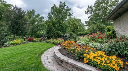 Vibrant summer garden showcasing lush flower beds and a beautifully curved stone path in a well-manicured backyard landscape.