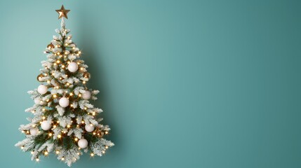 Frosted Christmas tree with gold and white ornaments.