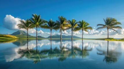 Serene tropical landscape featuring tall palm trees beside crystal-clear reflective water with gentle hills and bright blue sky in the background.