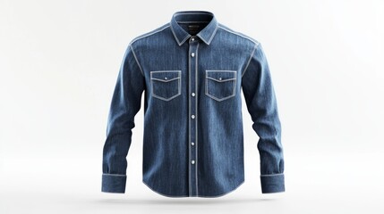 A plain denim collared shirt, long sleeves, front view, rendered in 3D on a clean white backdrop, perfect for design mockups