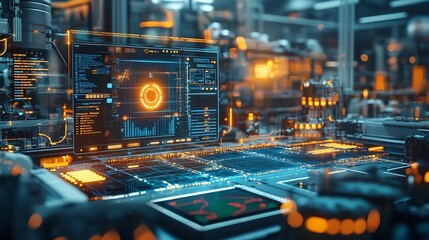 Futuristic Virtual Factory Floor with Digital Dashboards and Automated Processes