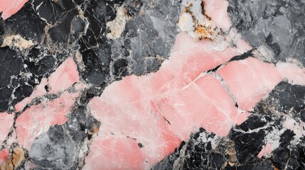 Panoramic abstract marble texture featuring a blend of pink, black, gray, and white, highlighting natural stone patterns and intricate details.