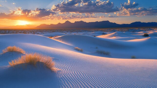 Serene sunset casting warm hues over gently rolling desert dunes with dramatic clouds and distant mountains in the background.