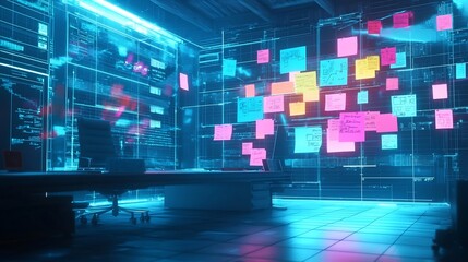 Futuristic Virtual Workspace Concept with Floating Digital Brainstorming Elements