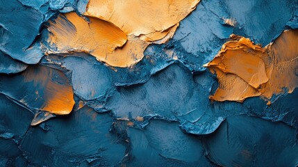 Vibrant abstract texture showcasing rich blue and vivid orange oil paint strokes blending...