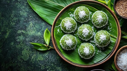 singapore ondeh-ondeh sweet dumplings with coconut and gula melaka 