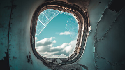 Broken airplane window frame against vast sky, lonely and minimal, soft diffused lighting