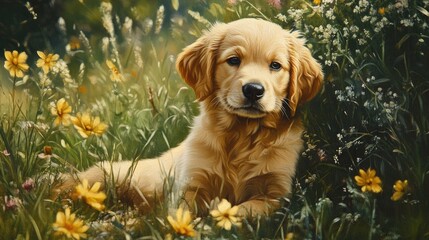 Golden Retriever Puppy Relaxing Among Colorful Wildflowers in a Vibrant Green Meadow