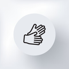 Minimalist icon of hands or rubber gloves, hands in latex medical gloves, in a circle on a light gray background.