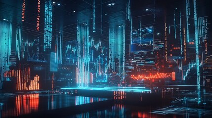 Futuristic Virtual Financial Trading Floor with Glowing Market Data Floating in the Air