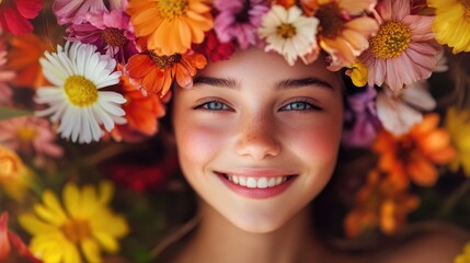 Smiling girl surrounded by a vibrant floral arrangement featuring daisies, roses, and various colorful flowers, exuding a joyful and serene vibe.