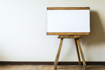 A blank wooden easel stands against a plain wall, ready for creativity. Its rustic charm invites artistic expression and inspirational ideas.