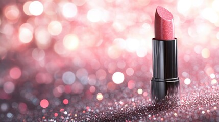 Vibrant pink lipstick showcased against a sparkling bokeh background, perfect for beauty promotions and cosmetics advertising.