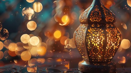 Close-up concept of Islamic New Year with traditional elements like a crescent moon, lantern, and decorative patterns.

