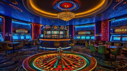 Fototapeta premium an image of a casino room with neon lights and a roulette wheel in the