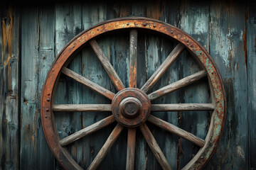 Obraz premium Rustic wooden wagon wheel against a weathered blue-green wooden wall, showcasing vintage charm and historical craftsmanship in a rural setting.