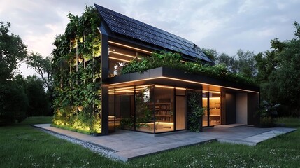 Obraz premium Minimalist Eco Home with Solar Panels and Vertical Garden Showcasing Sustainable Urban Lifestyle