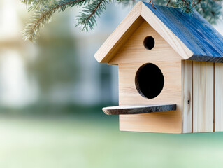 Handmade wooden bird feeder hanging from tree branch outdoors