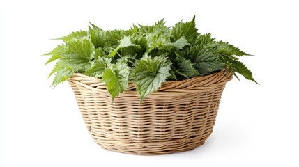 Naklejka premium Basket brimming with vibrant green stinging nettle leaves set against a bright white background, highlighting the lush foliage of Urtica.